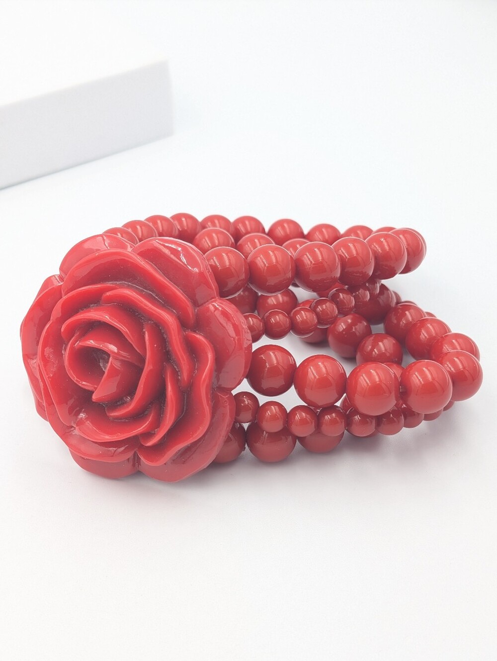Vintage red rose multi strand lucite beaded stretch statement bracelet